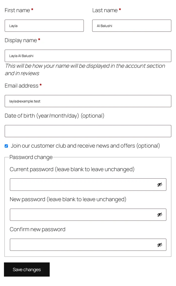My Account: the date of birth and the club box, as a customer sees them