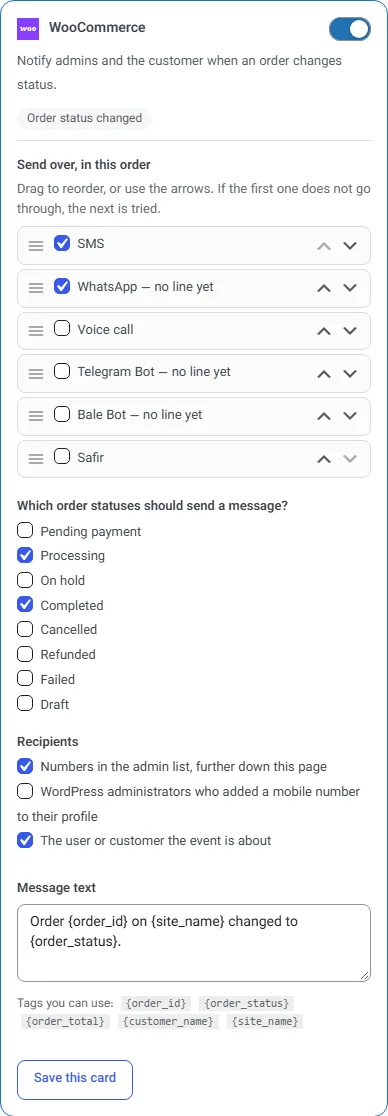A card open: channel order, statuses, recipients and message