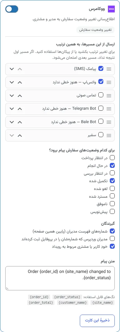 یک کارت باز: ترتیب کانالها، وضعیتها، گیرندگان و متن پیام