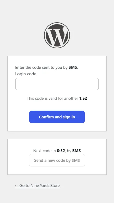 The code step on the WordPress login screen, here after Sign in with your mobile number